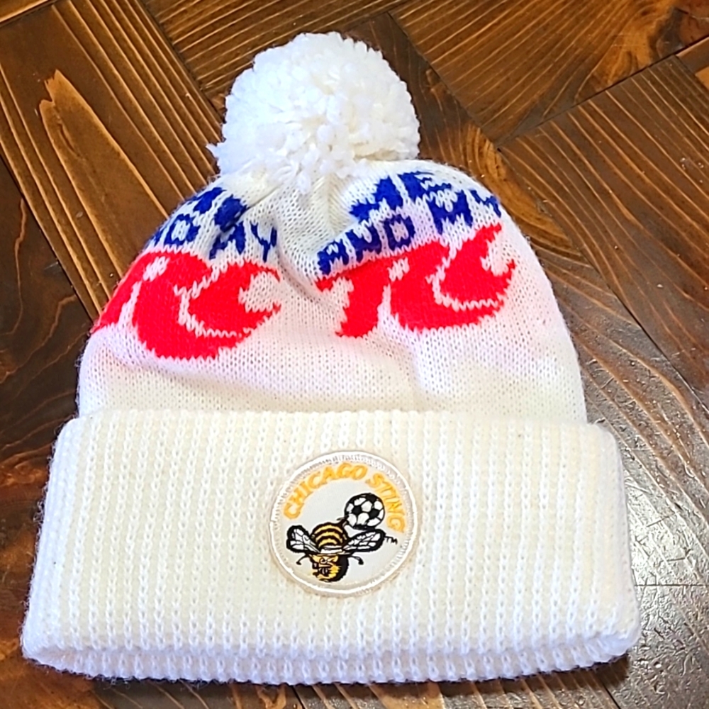 Vintage 1970s White RC Cola Pom Pom Hat Beanie Stocking Cap
